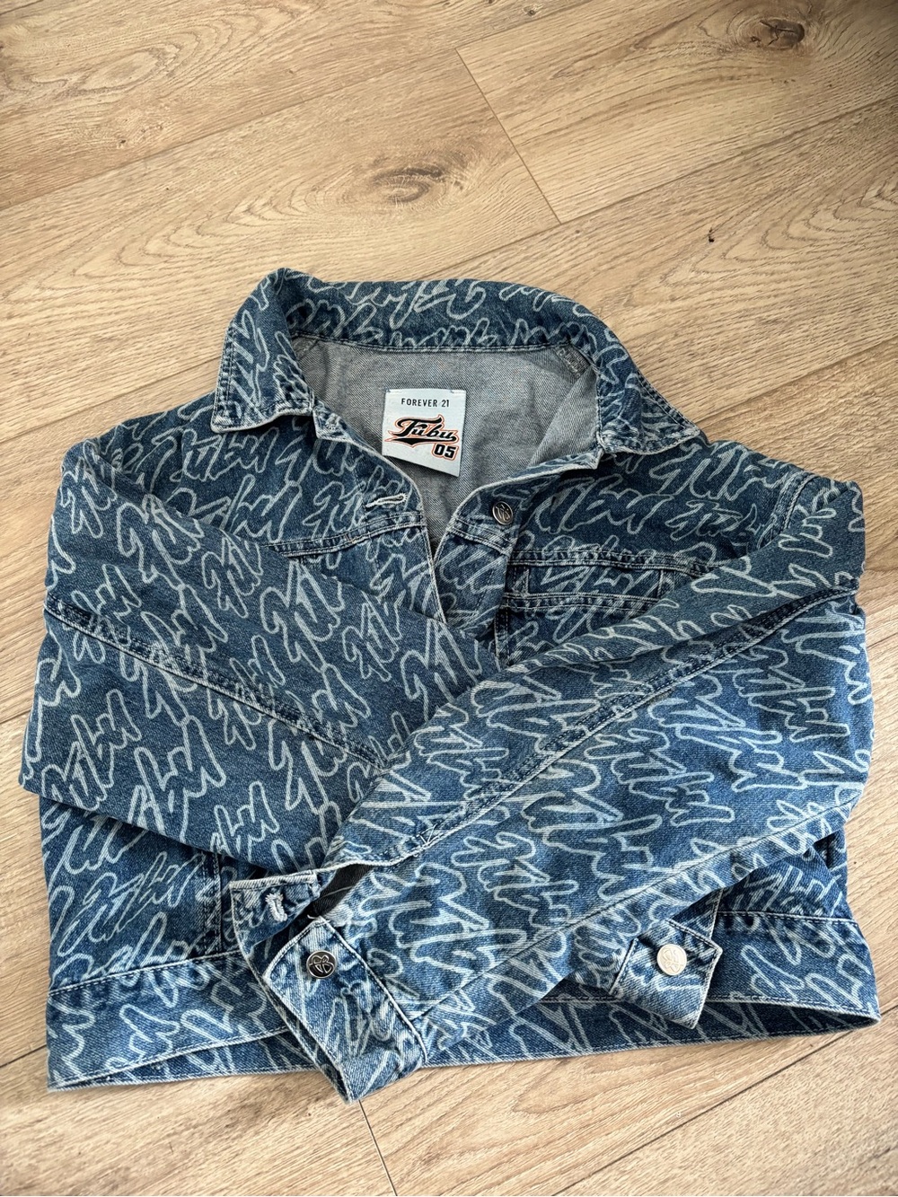 Forever 21 Blue Scribble-Print Denim Jacket